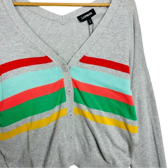 Express Varsity Striped Slouchy V Neck Button Down Rainbow Gray Knit Cardigan - Picture 5 of 11